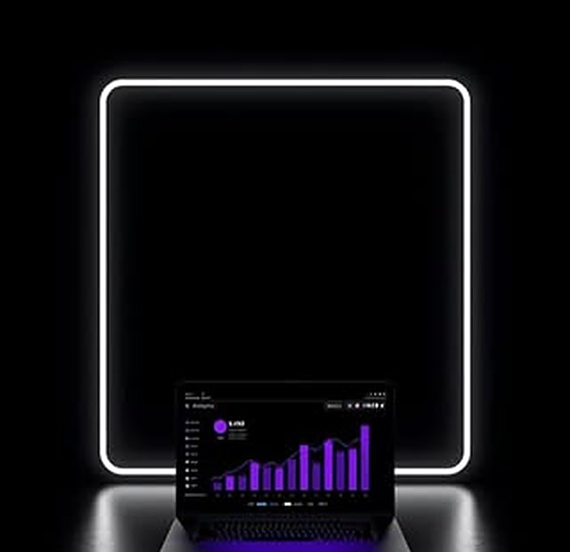 A laptop showing a growth dashboard under a glowing frame