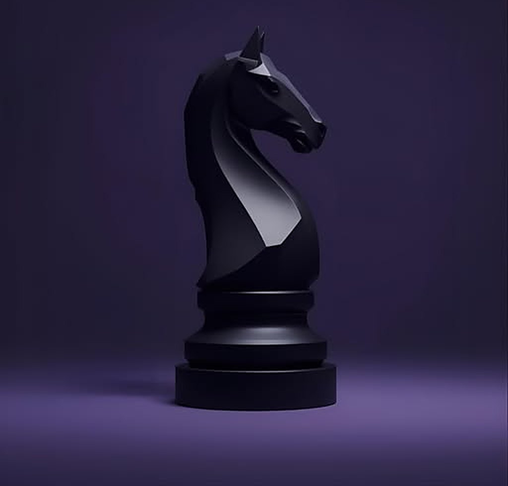 A black chess knight on a deep purple background